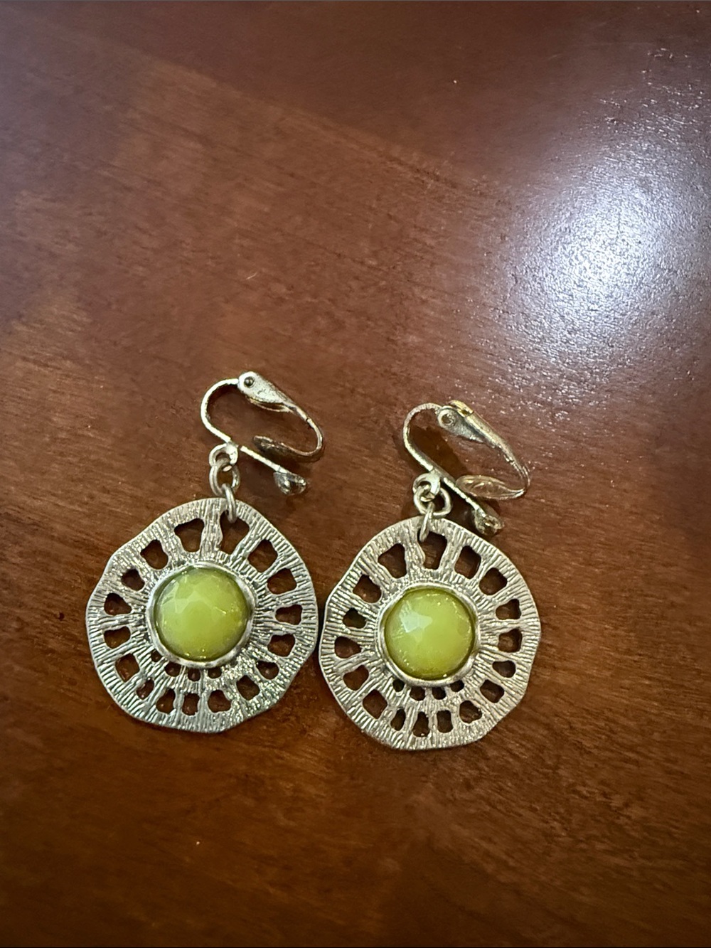 Silver-Tone Clip-On Earrings with Yellow-Green Cabochon